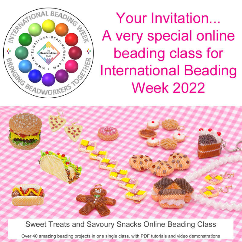 Sweet Treats and Savoury snacks online beading class for international beading week 2022, with Katie Dean
